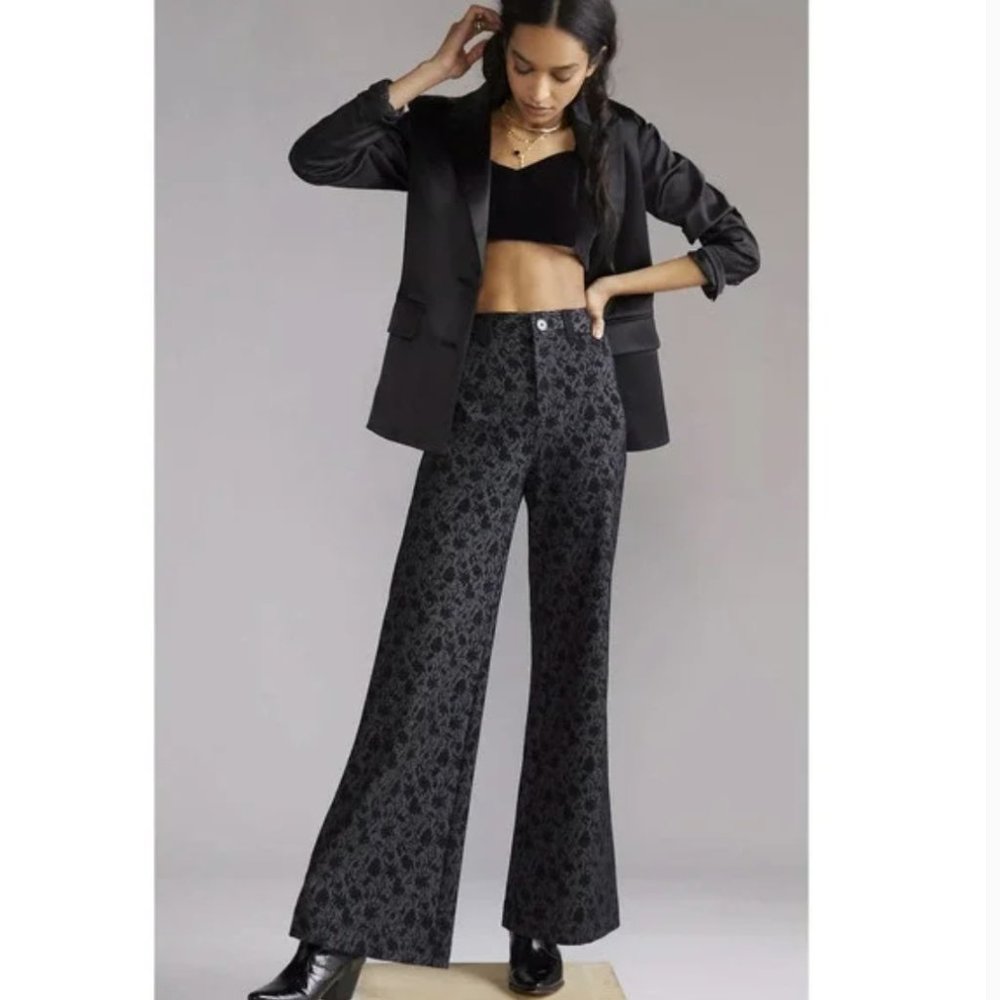 Anthropologie Maeve Jacquard Black and Gray Flare Pants - Size 6